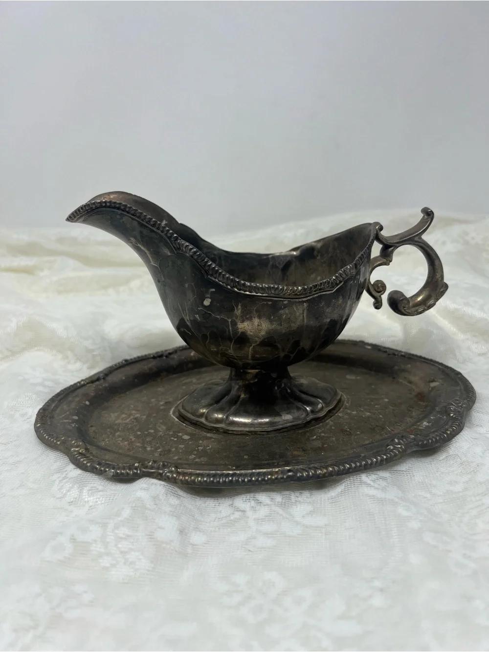 Vintage Silver Plated Gravy Boat with Matching Tray in Patina
